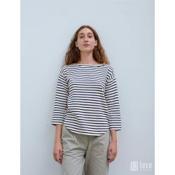   Mads Nørgaard ● Bretagne Organic Thilke ● 7/8 ujjú  ekrü alapon sötétkék csíkos póló